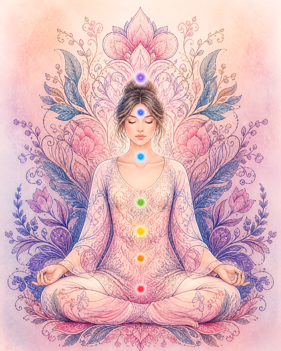 Illustration décorative d’une femme méditant avec sept points colorés alignés du sommet de la tête à la base du bassin