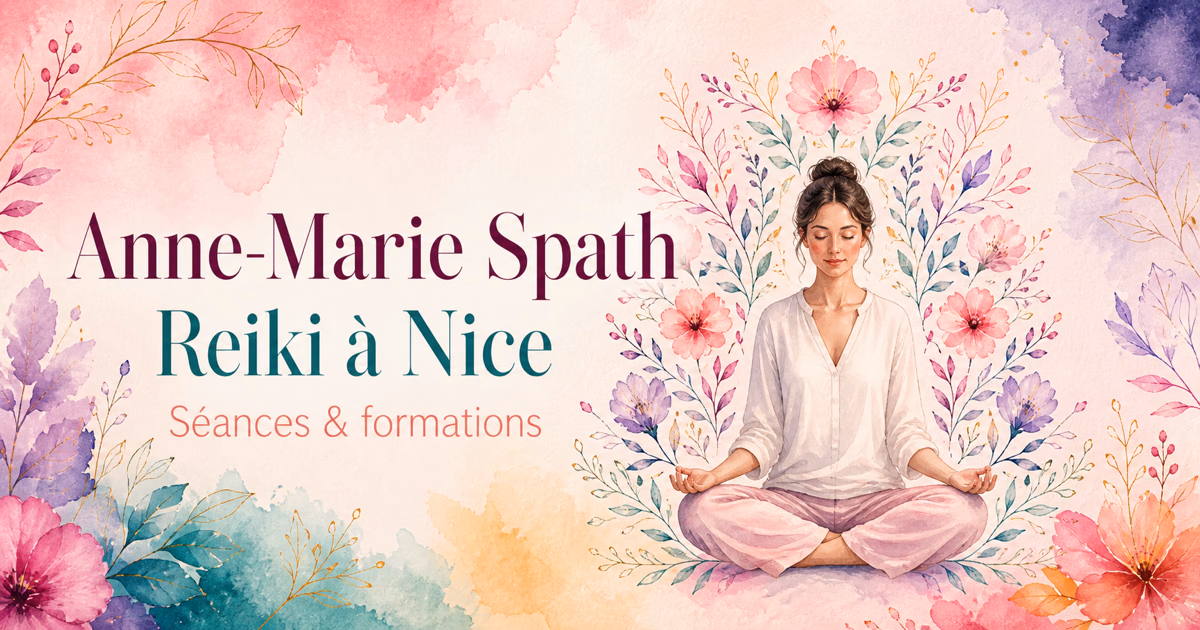 Illustration florale d’une femme méditant, Anne-Marie Spath, Reiki à Nice